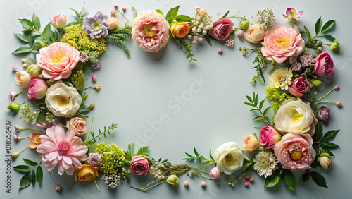 Top view of a meticulously arranged floral frame surrounded by negative space, offering plenty of room for custom text or graphics. © wasan