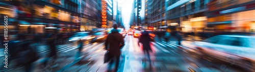 Bustling urban scene blurred motion, dynamic city life, vibrant business district at dusk