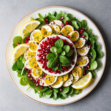 Healthly food. Vegetables fruits. Dish with lemons, pomegranate seeds, basil. View from above.