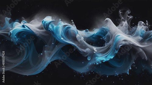 Glitter mist. Paint water splash. Magic spell. Blue silver gray color gradient shiny vapor veil wave on black abstract art background with free space.