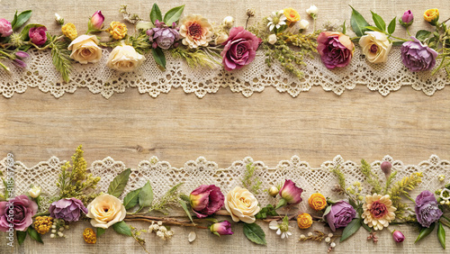 A vintage-inspired floral border composed of dried flowers and lace, adding a nostalgic touch to invitations or greetings.