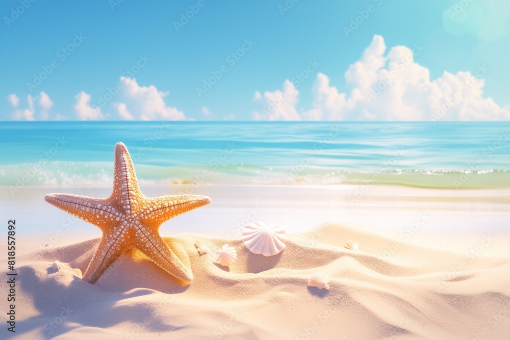 Starfish on summer sunny beach at ocean background. Travel, vacation concepts Starfish on summer sunny beach at ocean background. Travel, vacation concepts