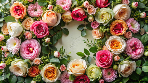 A close-up shot of a floral frame made of blooming roses and greenery  offering a romantic and enchanting feel.