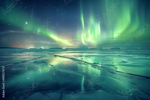 Northern Lights Over Frozen Lake with Mountains