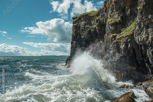 Waves Crashing Against Rocky Cliff on Sunny Day