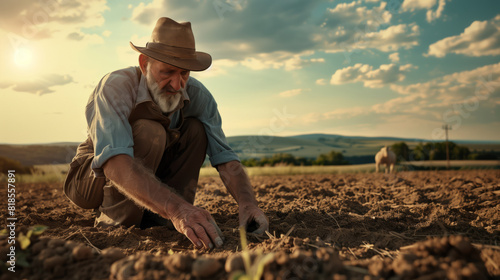 The concept of drought. A worried elderly farmer in a straw hat is digging in the dry ground. A man in a hat checks the seedlings © chekart