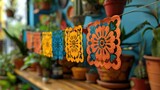 Simple papel picado banners hanging in a white-walled room