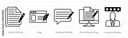 A set of 5 Seo icons as content writing, blog, feedback writing, online blog writing