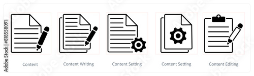 A set of 5 Seo icons as content, content writing, content setting