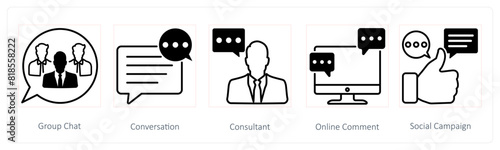 A set of 5 Seo icons as group chat, conversation, consultant