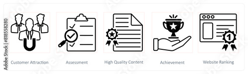 A set of 5 Seo icons as customer attraction, assessment, hight quality content