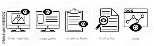 A set of 5 Seo icons as online image view, online viewer, advertising report