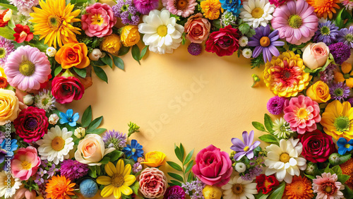 Colorful blossoms meticulously arranged to create a floral frame, perfect for adding text  © wasan