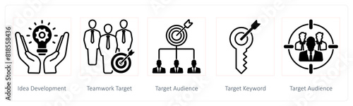 A set of 5 Seo icons as idea development, teamwork target, target audience
