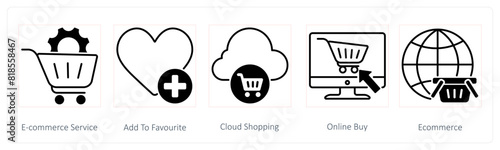 A set of 5 Seo icons as ecommerce service, add to favorite, cloud shopping