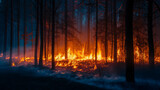 A raging wildfire engulfs a dense forest, with flames illuminating the dark, smoky surroundings, creating a stark contrast between fire and night.