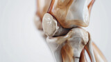 Close-up of a knee joint, highlighting bones, cartilage, and ligaments, showcasing anatomical details with a focus on the joint structure.