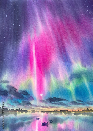 Northern lights under the lake watercolor background