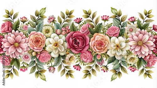 Intricately arranged flowers forming an elegant border, enhancing the visual appeal of any design project. photo