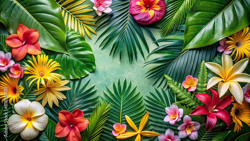 A flat lay composition of tropical flowers and palm leaves  creating a lush and exotic frame 