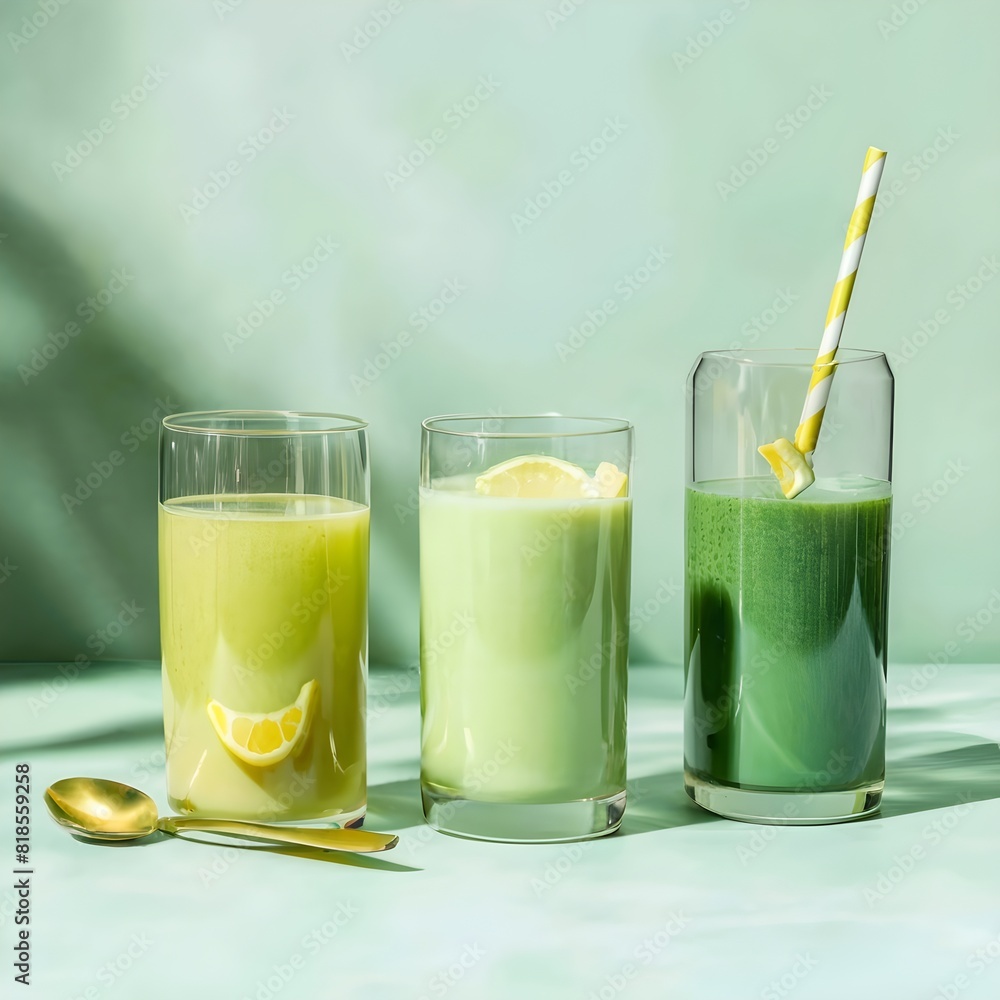three glasses holding green and yellow juice with a spoon, in the style of bright scene, light green, stock photos, best selling, life stock three glasses holding green and yellow juice with a spoon, in the style of bright scene, light green, stock photos, best selling, life stock