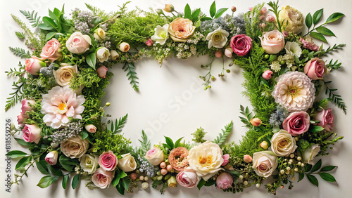 Intricately arranged flowers and greenery forming an ornate frame, evoking a sense of elegance and sophistication.