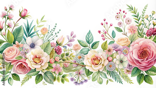 Delicate petals and foliage elegantly arranged to create a whimsical floral border, perfect for any design project. photo