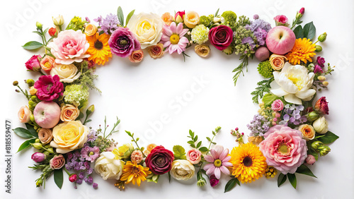 A creative floral frame composed of assorted blooms against a white background, perfect for adding text or graphics.