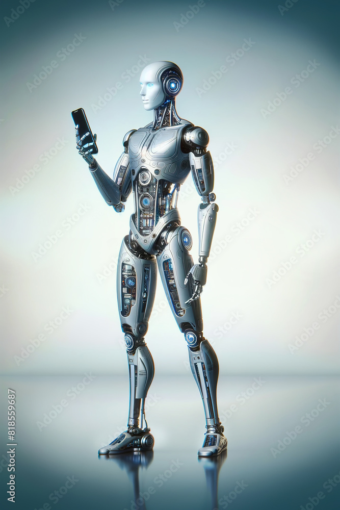 Android robot, pose 19. Robot holds in hand phone Android robot, pose 19. Robot holds in hand phone