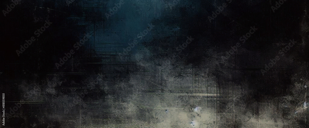 Glitter mist. Paint water splash. Magic spell. Blue teal aqua silver gray color gradient shiny smoke veil wave on black abstract art background with free space.