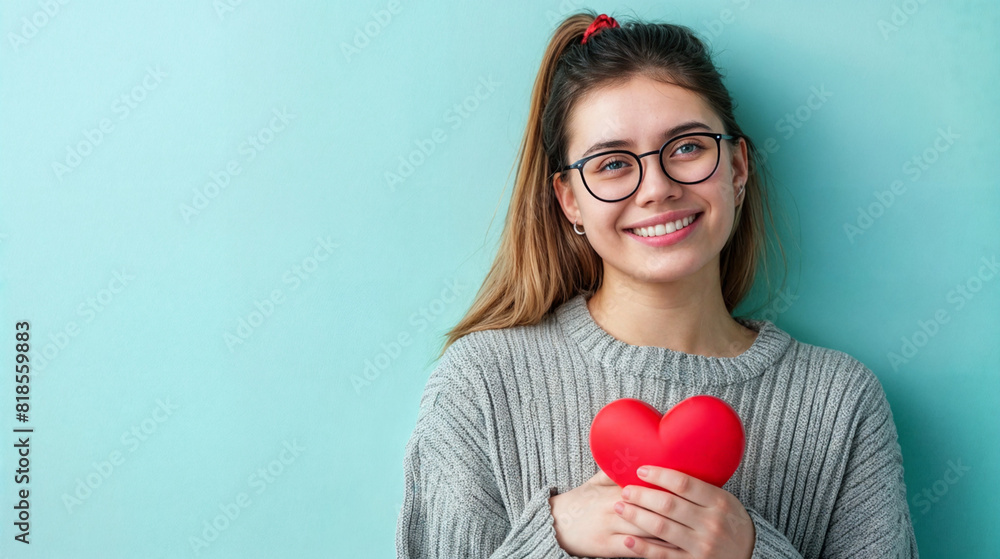 A young romantic woman holds a red heart in her hands. Symbol of love and friendship on blue background. A young romantic woman holds a red heart in her hands. Symbol of love and friendship on blue background.