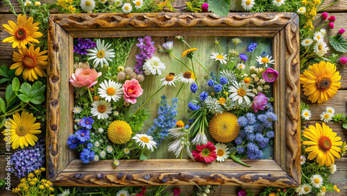 Close-up of a bouquet of wildflowers placed within a vintage frame, creating a nostalgic and charming atmosphere.