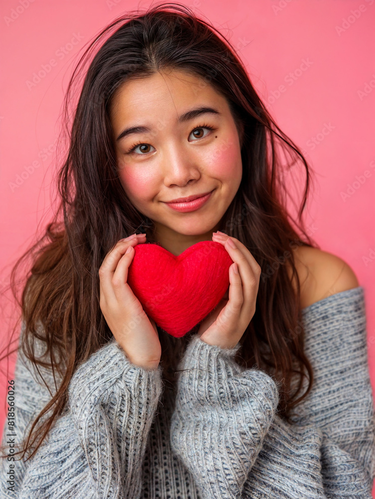 A young romantic asian woman holds a red heart in her hands. Symbol of love and friendship on pink background. A young romantic asian woman holds a red heart in her hands. Symbol of love and friendship on pink background.