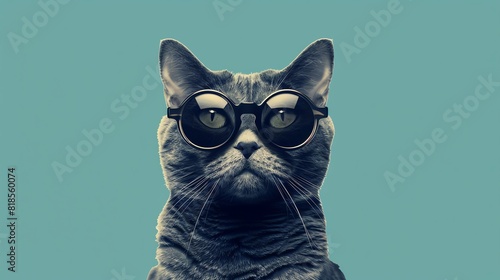 Illustrate a cat wearing round glasses, facing forward with a solid background and ample copyspace on the sides for text.