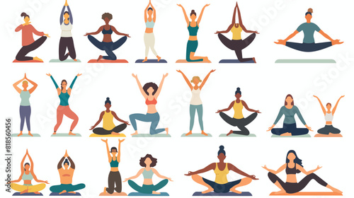 Crowd of tiny people performing yoga exercises. Men a
