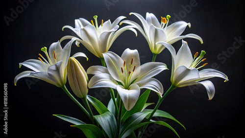 A minimalist arrangement of white lilies against a black background  creating a striking contrast.