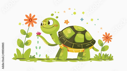 Cute and funny green turtle watering flower. Happy sm