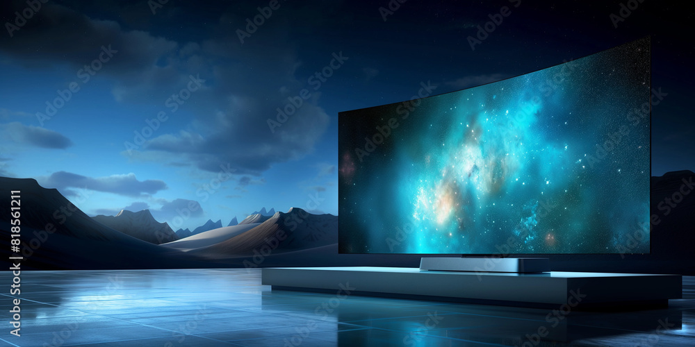 Fototapeta premium Flachbildschirm im eleganten Design mit futuristischer Einrichtung als Hintergrund im Querformat für Banner
