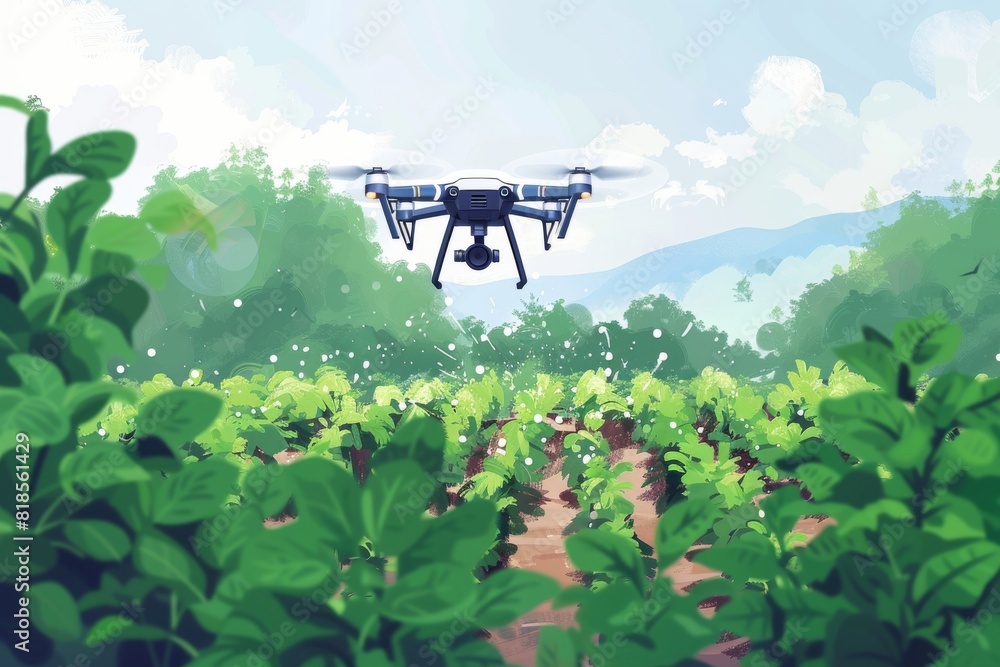 Smart drone irrigation spray for futuristic farm landscape, agricultural white isometric vector analysis for modern farming, soil digital transformation and water conservation