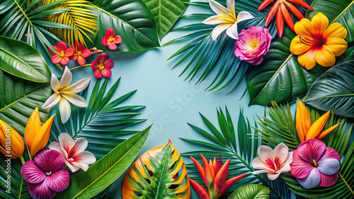 A stylish flat lay composition featuring an assortment of tropical flowers and palm leaves forming an exotic border, ideal for travel-themed designs or vacation advertisements.