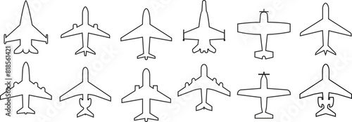 Set of Airplane icons. Airplane vectors designed in black Line style editable stock can used for web and mobile app. Flight ticket air fly travel takeoff silhouette elements on transparent background.