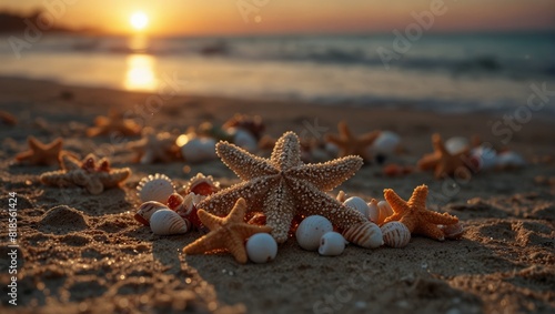 A beach with starfish and shells on the sand at sunset,. photo