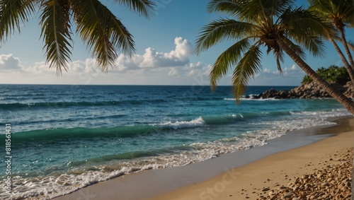 A beach with palm trees and a clear blue ocean,. photo
