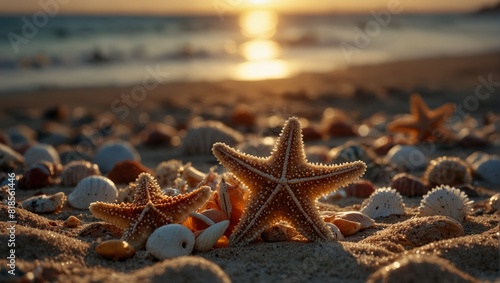 A beach with starfish and shells on the sand at sunset,. photo