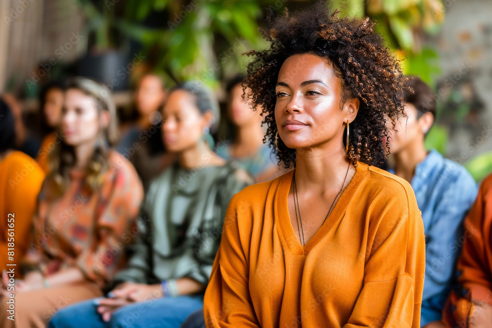 Confident woman in orange listening intently in a diverse group at a seminar or business conference.