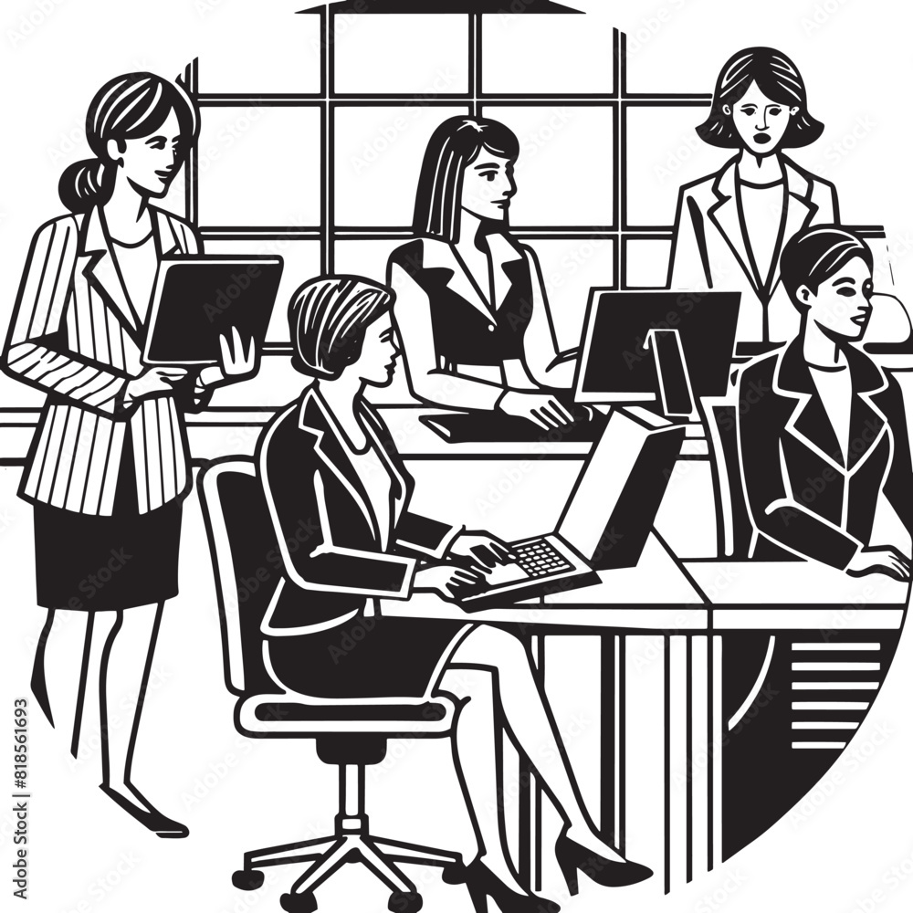 a black and white drawing of women working in laptop a black and white drawing of women working in laptop