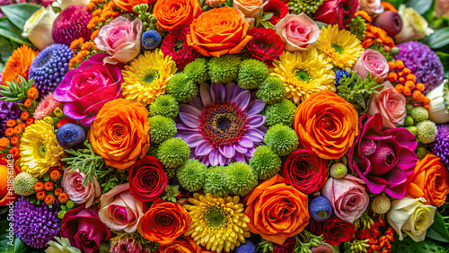 A close-up shot of a beautiful floral arrangement laid out in a circular frame  showcasing the intricate details and vibrant colors of each blossom