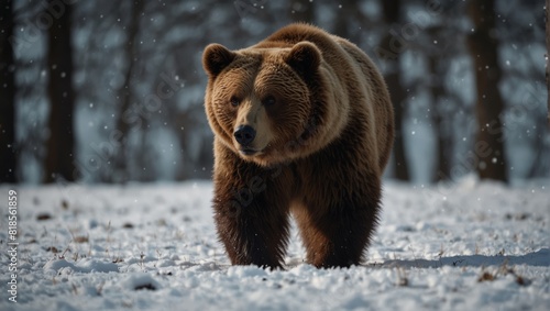 A brown bear walking through a field of snow in the winter,.