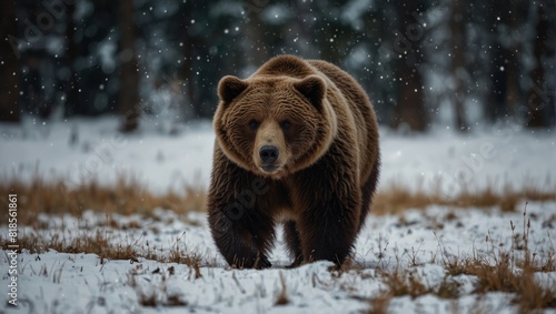 A brown bear walking through a field of snow in the winter,. photo