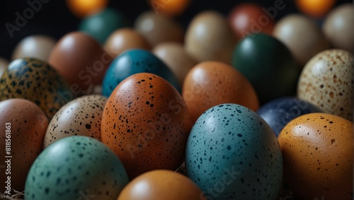 A bunch of colorful eggs are sitting on top of each other,. photo